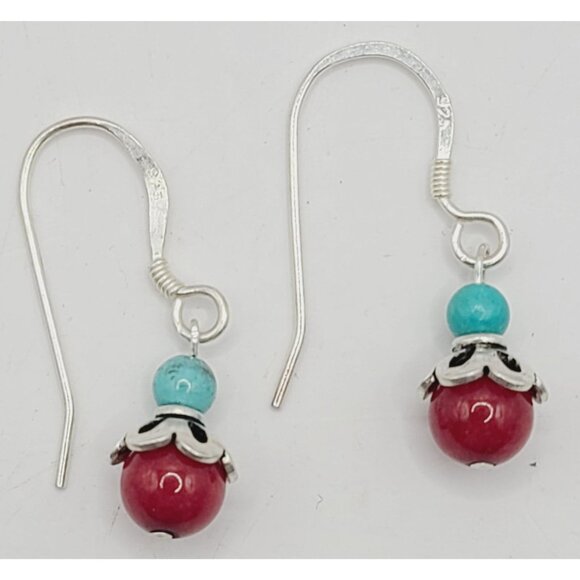 Jewelry - Vtg Southwestern Sterling Silver Turquoise & Coral Earrings 925 Hook Earrings